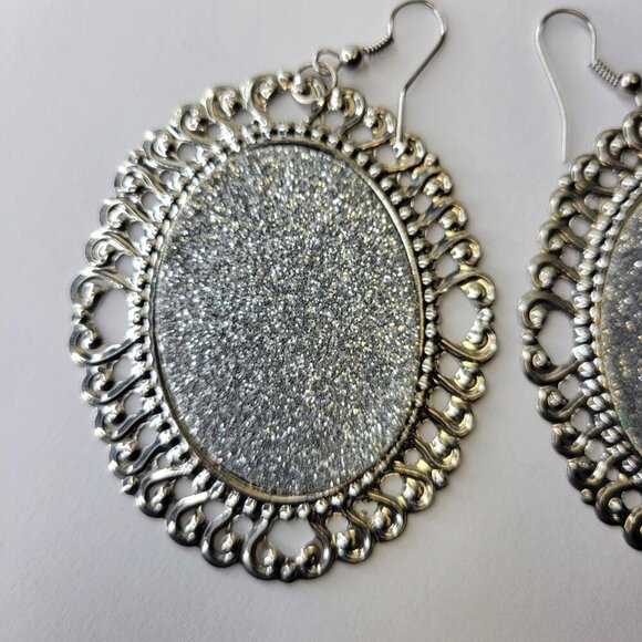 Silver Glitter Oval Earrings Gold Filigree Oval Earrings Large Glitter Earrings - Picture 3 of 5